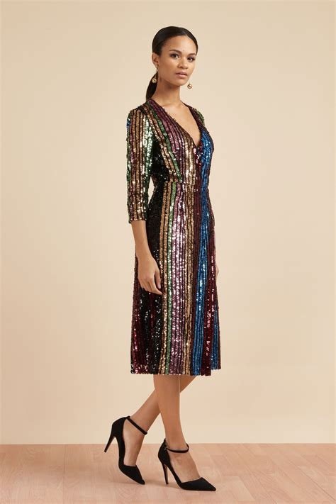 Midi dress with vertical sequin stripe embroidery